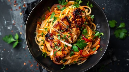 Roasted chicken chops with noodles