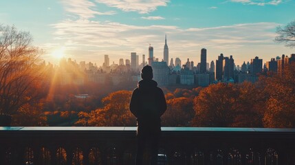 Poster - Silhouette of a Man Looking Over a Cityscape at Sunset