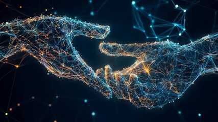 Digital 3d wireframe touch each other, ai teachnology meet human work cooperation