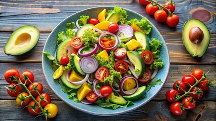 Wall Mural - Fresh and colorful salad with avocado, tomatoes, lettuce, and various vegetables, perfect for a healthy meal