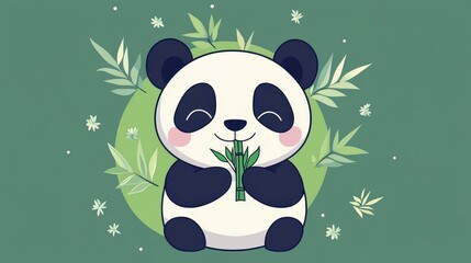 Poster - A playful panda munches on bamboo against a vibrant backdrop, showcasing a charming cartoon style in modern flat design.