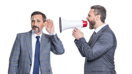 business idea advertisement. businessman manager shouting in loudspeaker isolated on white. business