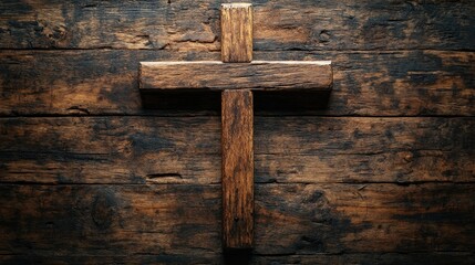 Wooden crucifix hanging on a rustic wooden wall symbolizing faith