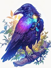 Canvas Print - A Cosmic Raven Adorned with Gemstones Perched on a Branch