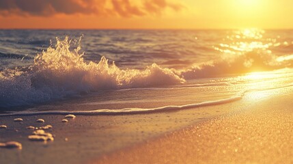 A serene beach at sunset, with the golden rays casting a warm glow on the sand and gently crashing waves.