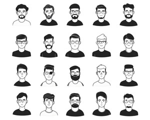 Sticker - Black cartoon hand drawn characters for avatar collection isolated on white background. Simple shapes and lines people for mobile game or app interface