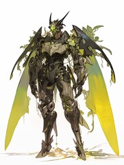 Sticker - Biomechanical warrior with glowing green eyes and yellow wings