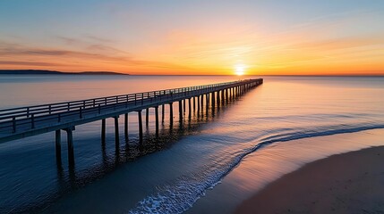 Wall Mural - Serene Sunset at a Historic Pier - Tranquil Evening by the Calm Sea with Copy Space for Text, Warm Tones in the Sky