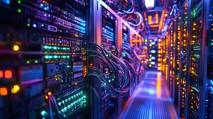 Poster - Rows of Servers in a Data Center with Colorful Lights and Cables