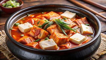 Close up of delicious Korean spicy tofu stew with kimchi and assorted vegetables, traditional Korean cuisine