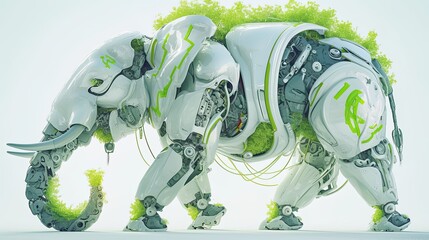 Poster - A White Biomechanical Elephant with Green Foliage Growing on Its Body