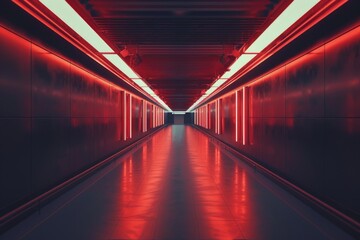 Poster - Long hallway with red neon lights, great for night scenes or futuristic settings