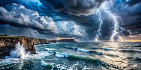 Powerful storm brewing over vast ocean with dark waves crashing against cliffs, lightning illuminating the sky