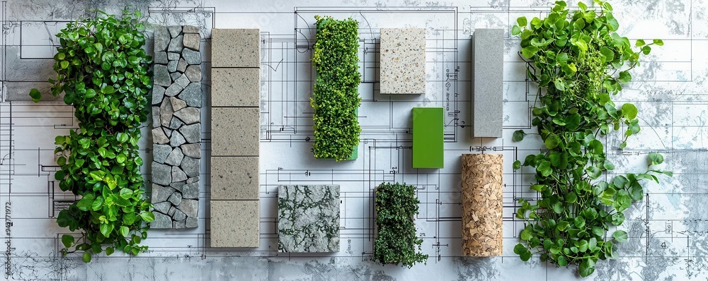 Eco-friendly building materials arranged on a blueprint, with greenery ...