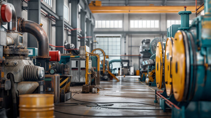 This image shows a view of a factory floor with various industrial machinery in operation - Generative AI