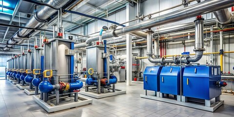 Modern industrial gas boiler room with heating gas boilers pipelines and valves. Industrial setting with gas boilers for heating