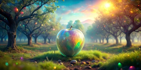 Wall Mural - Ethereal glowing oasis opal apple in a serene valley with fruit trees