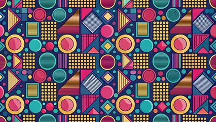 Colorful seamless pattern with geometric shapes reminiscent of 90s retro design including bright circles and rectangles in an abstract and trendy style