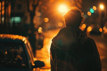 Wall Mural - A man stands alone in the middle of a quiet street at night, illuminated by streetlights