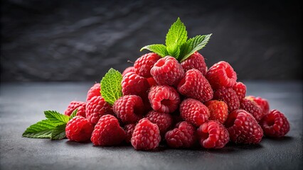 Canvas Print - Fresh and juicy raspberries piled on dark background, perfect for raspberry jam or dessert