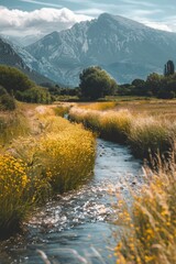 Wall Mural - A serene natural setting with a stream flowing through a lush green field, suitable for use in environmental or outdoor-themed projects