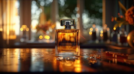 Poster - A bottle of perfume sits on a wooden table, ready for use