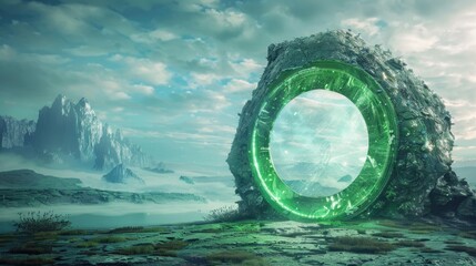 Aufkleber - A green ring sits atop a rocky outcropping in a natural environment