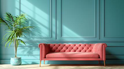 A pink velvet sofa sits in front of a turquoise wall with  paneled molding. A potted plant adds a touch of nature to the room.