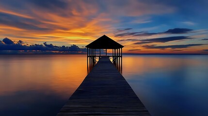 Wall Mural - Pier Silhouette at Sunset Over Calm Sea - Tranquil Seascape with Copy Space for Text, Medium Shot Upper Body Portrait