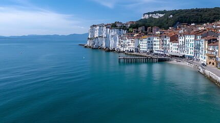 Wall Mural - Serene Seaside Charm: White Cliffs and Pier in Picturesque Coastal Town - Copy Space for Text, Meditative Upper Body Portrait Shot