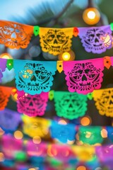 Poster - Brightly colored paper decorations suspended from a string, perfect for party or event decoration