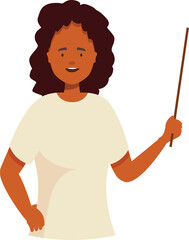 Poster - Young smiling teacher woman holding wooden pointer explaining something