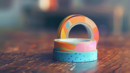 Poster - Collection of colorful washi tapes arranged on a rustic wooden table, great for craft or office use