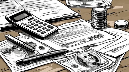 Poster - A desk with a calculator, money, and papers, great for office or business use