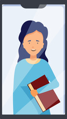 Poster - Young woman is smiling while holding a book during a video call on a smartphone