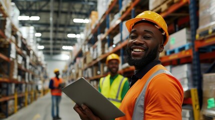 Poster - A worker wearing an orange safety vest holds a tablet for reference on the job site