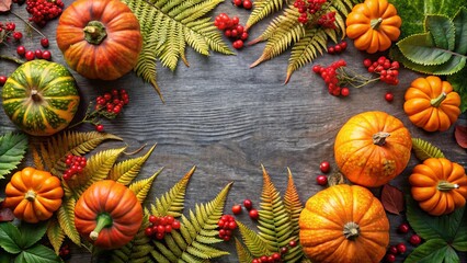 Poster - A beautiful flat lay of ferns, berries, and pumpkins, showcasing the autumn harvest and seasonal foliage