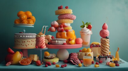 A Surreal Still Life of Assorted Desserts, Fruits, and Pastries