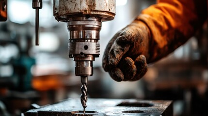 Poster - Close-up of a Drill Bit Puncturing Metal with a Gloved Hand in the Background