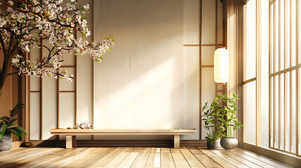 Wall Mural - Minimalist Japanese-style living room with a wooden bench, a cherry blossom tree, and a large window.