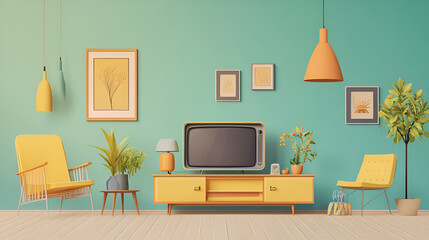 Sticker - Mid-Century Modern Living Room with Retro Television and Colorful Decor