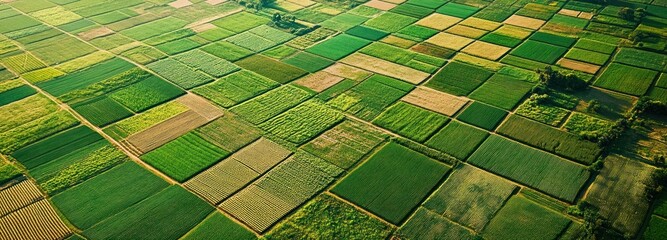 Aerial View of a Patchwork of Green and Yellow Farm Fields