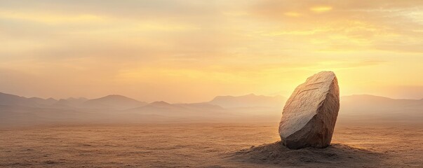 A solitary rock stands against a backdrop of a tranquil sunrise, evoking serenity and the beauty of nature's landscape.