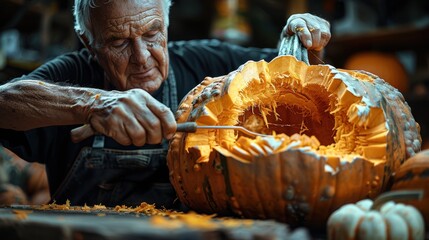 elderly man carving a pumpkin with a knife