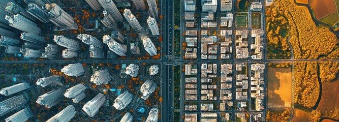 Poster - Aerial View of a City Divided by a Lush Autumn Forest