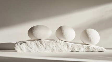 Poster - A minimalist composition featuring three smooth white stones resting on a textured surface. Soft shadows create an inviting atmosphere. Perfect for modern decor or serenity concepts. AI