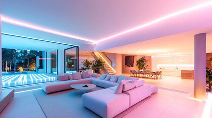 Wall Mural - Modern Living Room with Pool View and LED Lighting