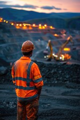 Poster - A man in an orange safety vest looks at a construction site, suitable for use in images related to building, architecture, or infrastructure projects