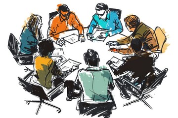 Poster - A group of people gathered around a table, possibly discussing or collaborating