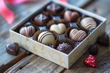 Poster - A box of assorted chocolates sitting on a wooden table, ideal for use in editorial or commercial contexts where a sweet treat is needed